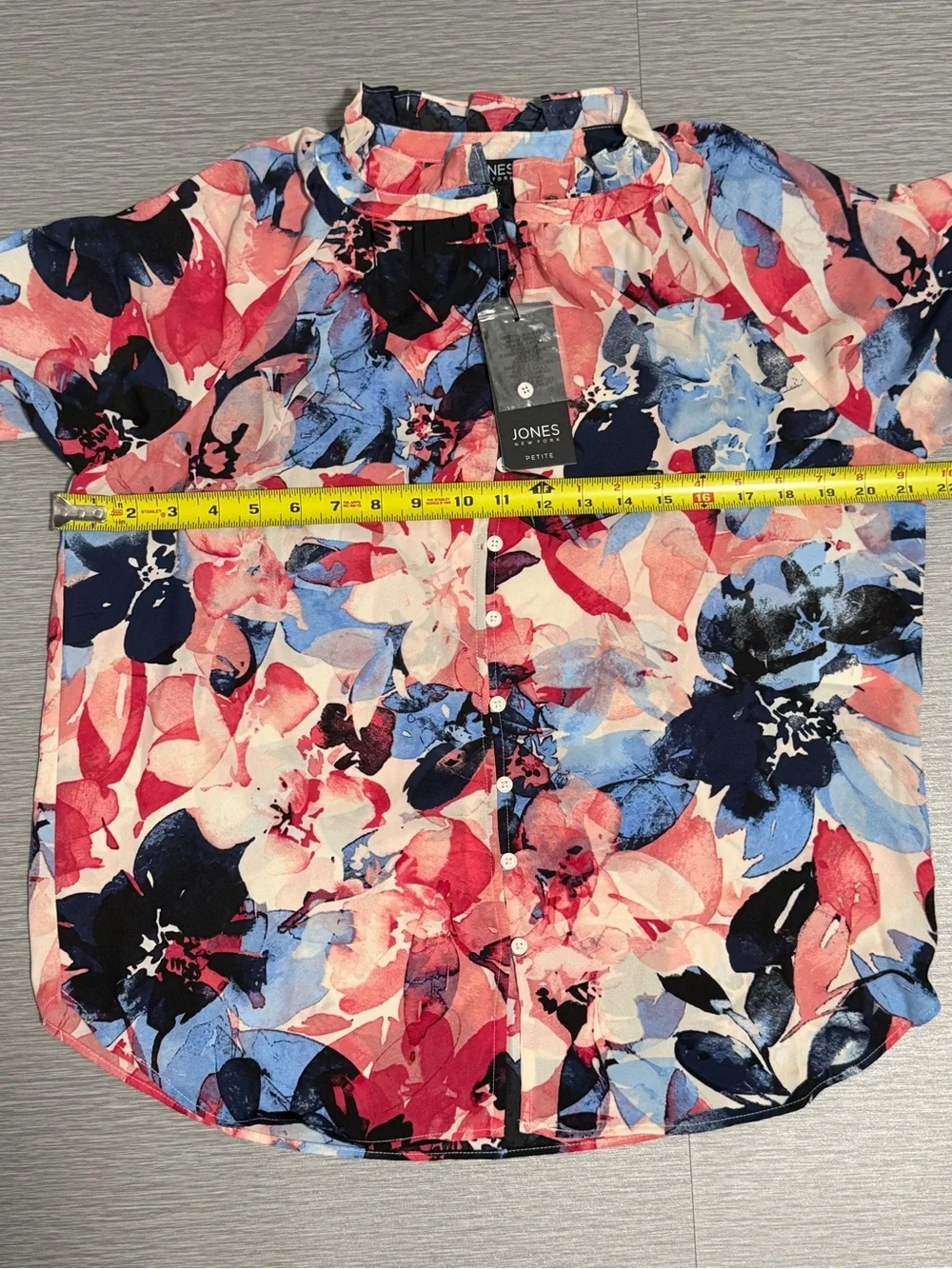 Jones New York Petite PM Floral Button Front Blouse Fresh Guava Multi NWT